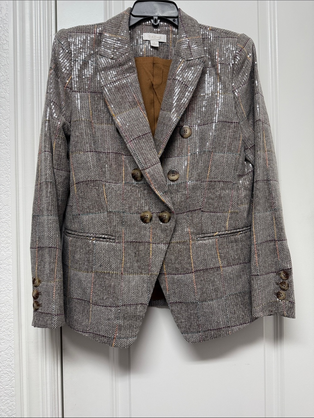 Cache Sequined Plaid Double-Breasted Blazer Jacket - Taupe - Picture 3 of 4